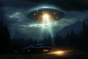 ai genererad 3 d tolkning av ett utomjording ufo, utomjording UFO uap bortförande, ai genererad foto