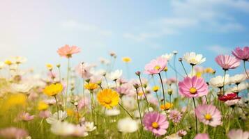 ai genererad lugn äng med blomning blommor, erbjudande riklig kopia Plats för text foto