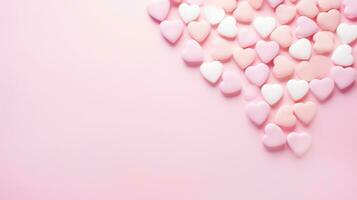 ai genererad årgång vykort med hjärtformade godis på pastell rosa bakgrund foto