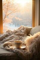 ai genererad mysigt vinter- morgon- med ångande kaffe foto