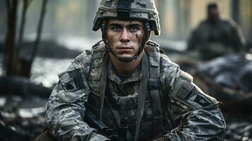 ai genererad porträtt av en soldat i en krig foto