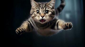ai genererad verklighet Foto av söt flygande katter. Foto av en söt katt Hoppar i de luft