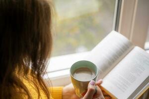 ung skön kvinna nära fönster gul stickat Tröja läsa bok foto