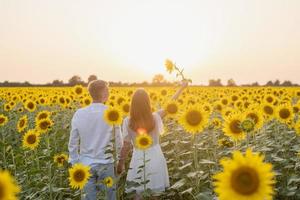 vackert par som har kul i solrosfält foto
