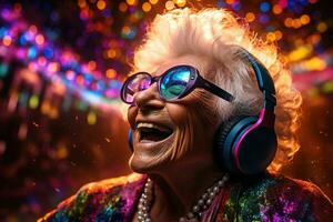 ai genererad en Häftigt och Lycklig äldre kvinna i stor hörlurar och solglasögon i en rave klubb under de fest lampor foto