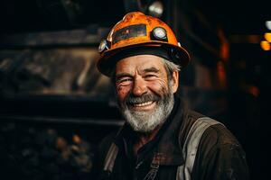 ai genererad porträtt av en leende gammal grå håriga kol mina arbetstagare på en suddig bakgrund av de arbete område foto