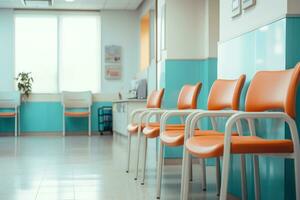 ai genererad sjukhus hall med brun stolar för väntar nära fönster. medicinsk byggnad rum suddig bakgrund foto