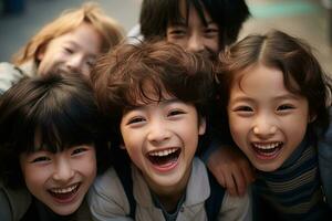 ai genererad porträtt av Lycklig söt asiatisk barn leende på kamera på parkera foto