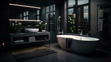 ai genererad en mörk minimalistisk badrum med en elegant badrum foto