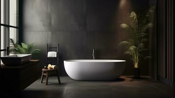 ai genererad en mörk minimalistisk badrum med en elegant badrum foto