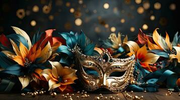ai genererad elegant venetian mask mitt i blå fjädrar och gyllene pärlor foto