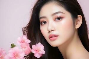 ai genererad koreanska skönhet modell med felfri hud och vår blommar. foto