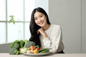 ai genererad leende asiatisk kvinna presenter färsk färgrik grönsaker stolt. foto
