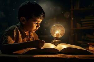 ai genererad en liten pojke läsning en bok förbi de ljus av en olja lampa foto