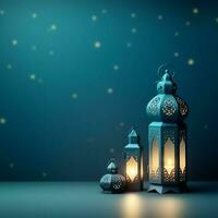 eid mubarak och ramadan kareem hälsningar med islamic lykta och moskén. eid al fitr bakgrund. eid al fitr bakgrund av fönster begrepp förbi ai genererad foto