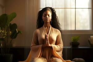 ai genererad skön ung afrikansk amerikan kvinna mediterar i de levande rum. biohacking begrepp, förbättra hälsa och välbefinnande genom meditation foto
