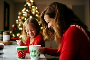 ai genererad mor och dotter spendera en mysigt kväll tillsammans i de levande rum dekorerad med jul dekor. familj dricka en varm dryck och har roligt foto