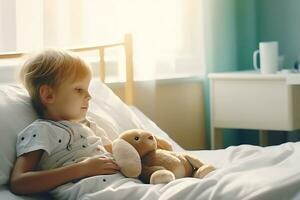 ai genererad en pojke lögner på en sjukhus säng i en sjukhus med en leksak hare foto