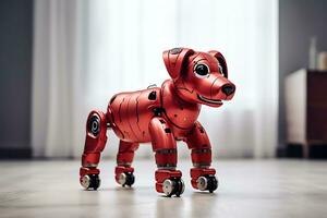 ai genererad brand robot hund tillverkad av röd metall kapabel av kontroll de gas densitet i en rum foto