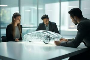 ai genererad vetenskapsmän ingenjörer är arbetssätt på skapande en bil. kollegor se på de hologram och diskutera de projekt foto