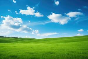 ai genererad grön gräs kulle och blå himmel foto