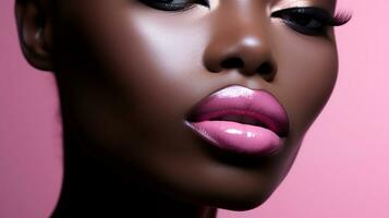 ai genererad stänga upp av en kvinna ansikte. stänga upp porträtt av skön afrikansk amerikan kvinna med rosa mun. foto