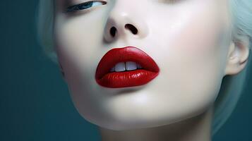 ai genererad närbild porträtt av en skön kvinnas mun med röd läppstift. skön kvinna med ljus mun närbild och vit hud. foto