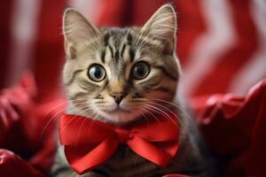 ai genererad porträtt av en katt med en röd rosett slips på dess nacke. vykort med en katt för hjärtans dag. generativ ai foto
