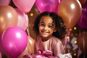 ai genererad ungar' födelsedag fest med ballonger, gåvor och ballong flaggväv foto