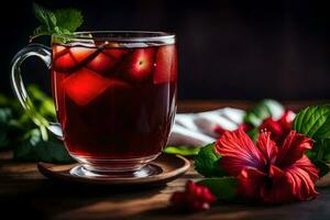 ai genererad en kopp av te med hibiskus blommor och löv foto