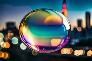 ai genererad en färgrik bubbla med en stad i de bakgrund foto
