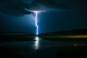 ai genererad en blixt- bult är sett över en sjö på natt foto