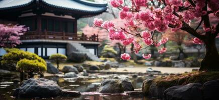 ai genererad japansk arkitektur och blommor i vår träd i japan foto