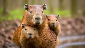 ai genererad ett förtjusande Foto av en mor capybara med henne bebisar, de kärleksfull obligation mellan dessa djur