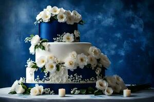 ai genererad en blå och vit bröllop kaka med vit blommor foto