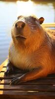 ai genererad en avkopplande Foto av en capybara sola i de Sol, njuter en lat eftermiddag