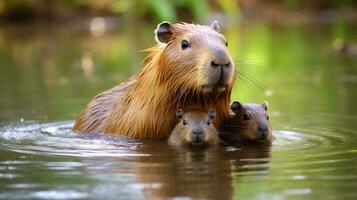 ai genererad ett förtjusande Foto av en mor capybara med henne bebisar, de kärleksfull obligation mellan dessa djur