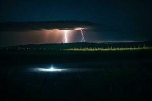 ai genererad en blixt- bult är sett över en fält med en ljus lysande i de himmel foto