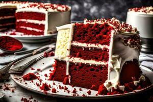 ai genererad en skiva av röd sammet kaka på en tallrik foto