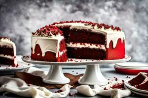 ai genererad röd sammet kaka med vit glasyr foto