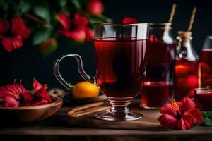 ai genererad röd hibiskus te i en glas kanna och en skål av frukt foto
