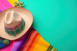 ai genererad mexikansk hatt och färgrik mexikansk trasa på färgrik bakgrund foto
