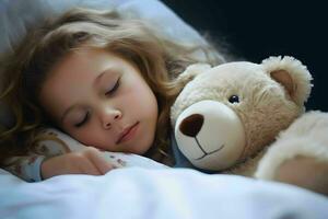 ai genererad ljuv liten flicka lugnt sovande med henne teddy Björn, förkroppsligande de lugn av sömn dag foto