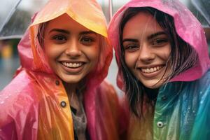 ai genererad två kvinnor bär färgrik, ljusa färger regn jackor, stående tillsammans och leende på de kamera som de njut av en regnig dag. de dyka upp till vara stänga vänner, delning ett paraply till stanna kvar torr medan fattande de vibrerande färger av de regn. foto
