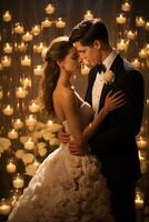 ai genererad en drömmande bröllop bakgrund, rosor, levande ljus foto