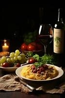 ai genererad gott italiensk middag, rik i smaker, inbjudande vin, och idealisk kopia Plats foto