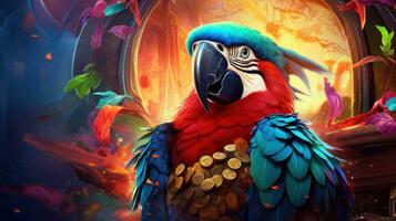 ai genererad en levande bakgrund terar en djärv pirat, tropisk papegoja foto