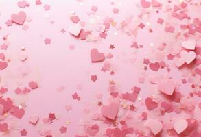 ai genererad hjärta rosa stjärnor konfetti på ett regnbågsskimrande rosa bakgrund foto