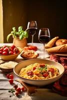 ai genererad ljuvlig middag spridning med pasta, vin, och välsmakande glädjer foto