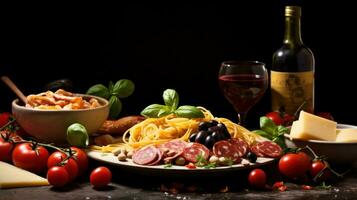 ai genererad en frestande middag arrangemang med pasta, antipasti, och inbjudande kopia Plats för text foto